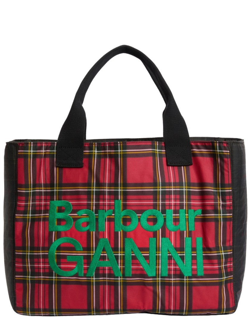 Barbour X Ganni Red Tartan Plaid Pattern Waxed Cotton Tote Bag