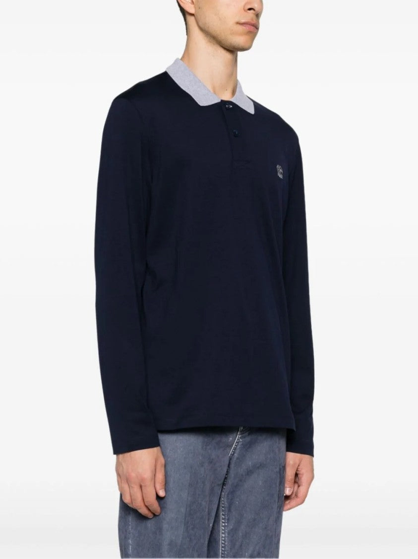 Brunello Cucinelli Long-Sleeve Polo With Contrast Collar And Embroidered Detail