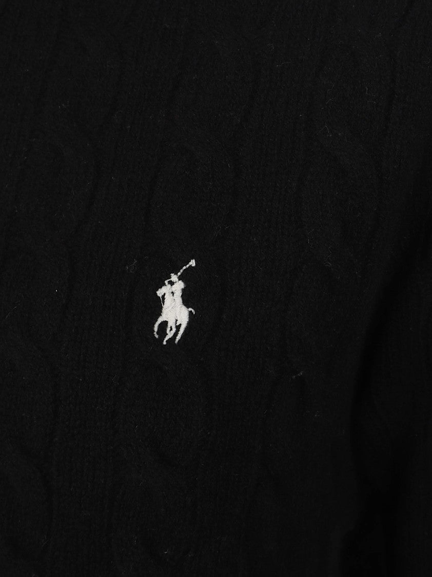 Polo Ralph Lauren Black Cashmere-Wool Blend High Collar Cable Knit Sweater