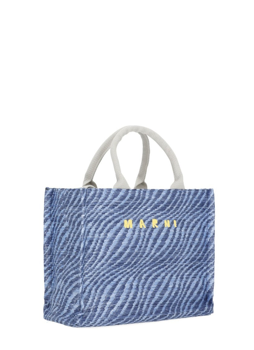 Marni Textured Blue Shopping Bag With Contrasting Embroidered Logo