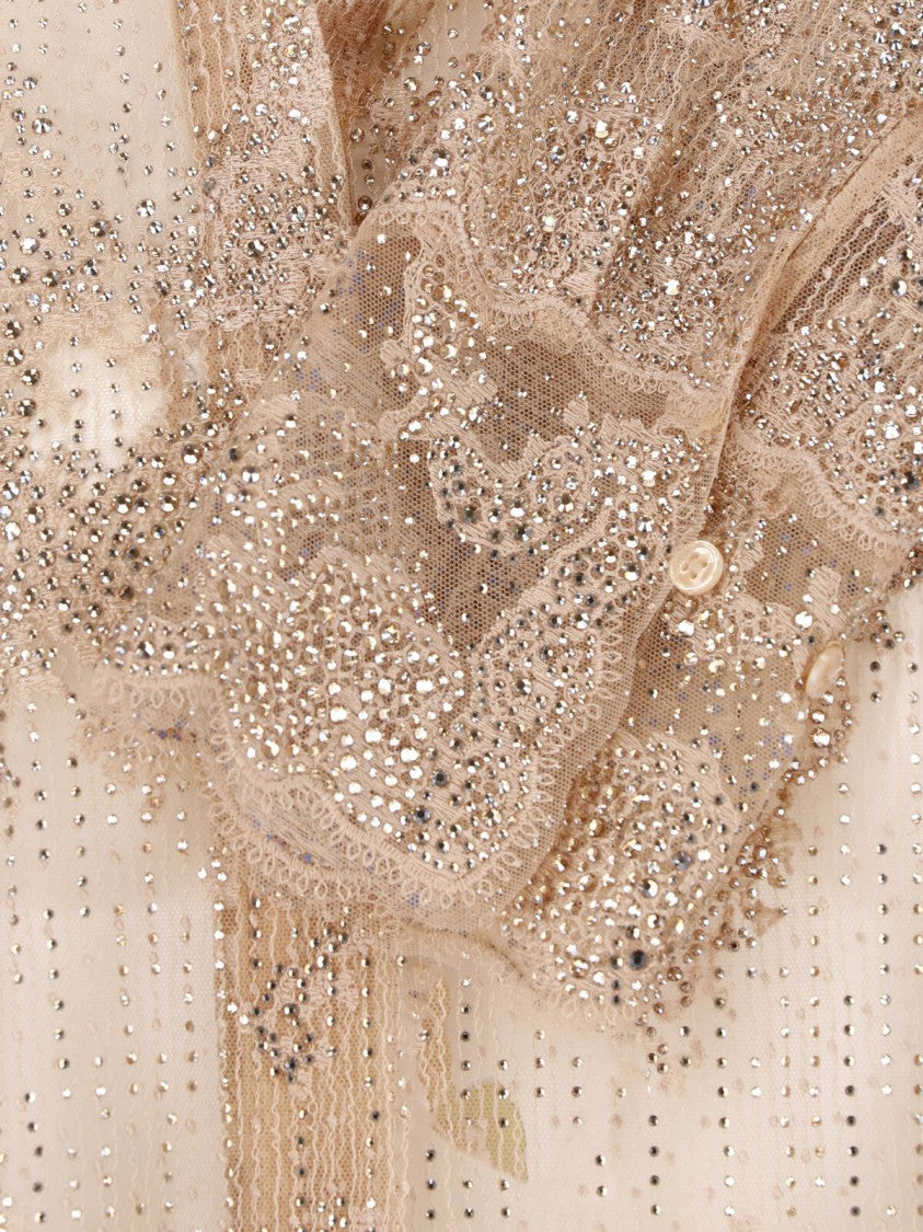 Ermanno Scervino Beige Lace Rhinestone Classic Collar Shirt