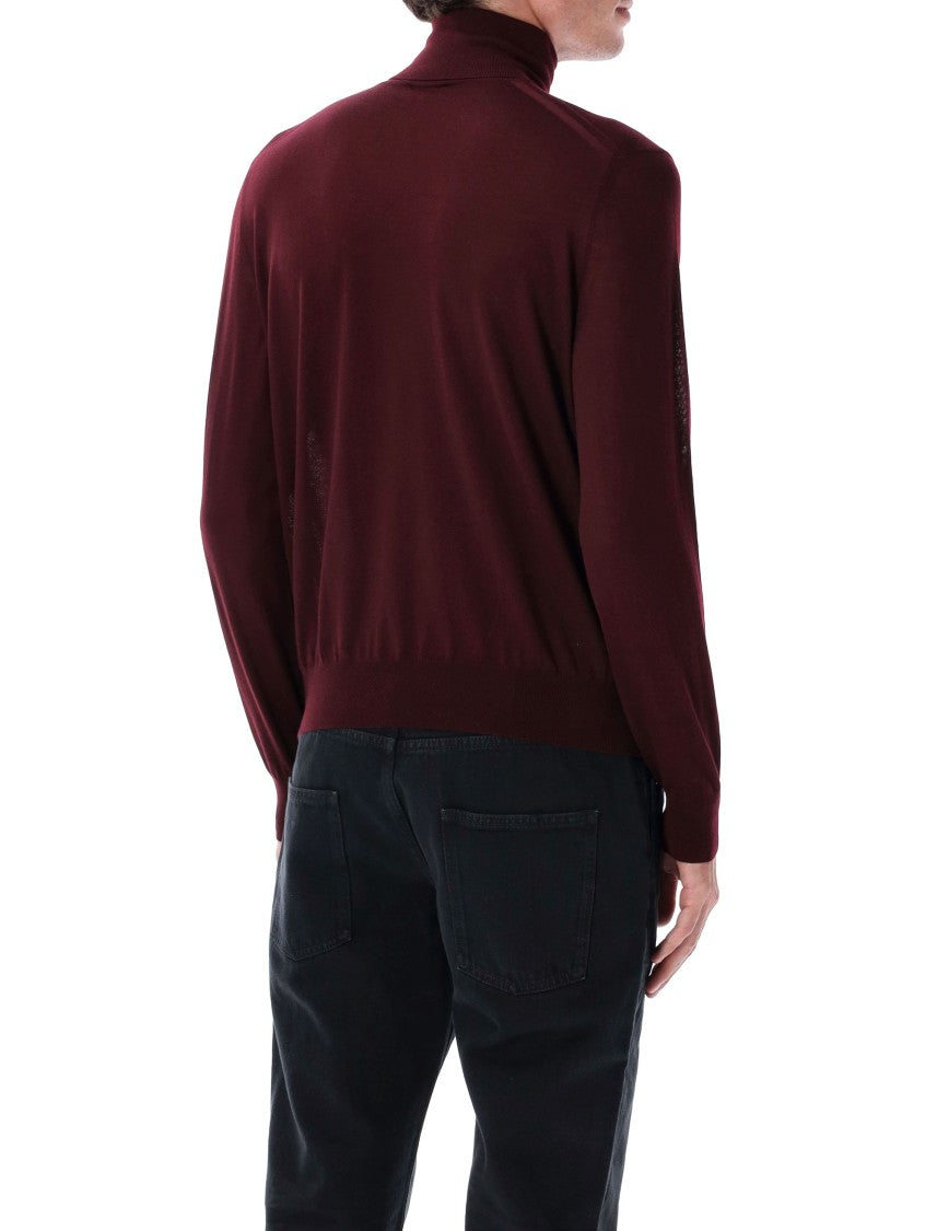 Saint Laurent High Neck Fine Knit Burgundy Sweater