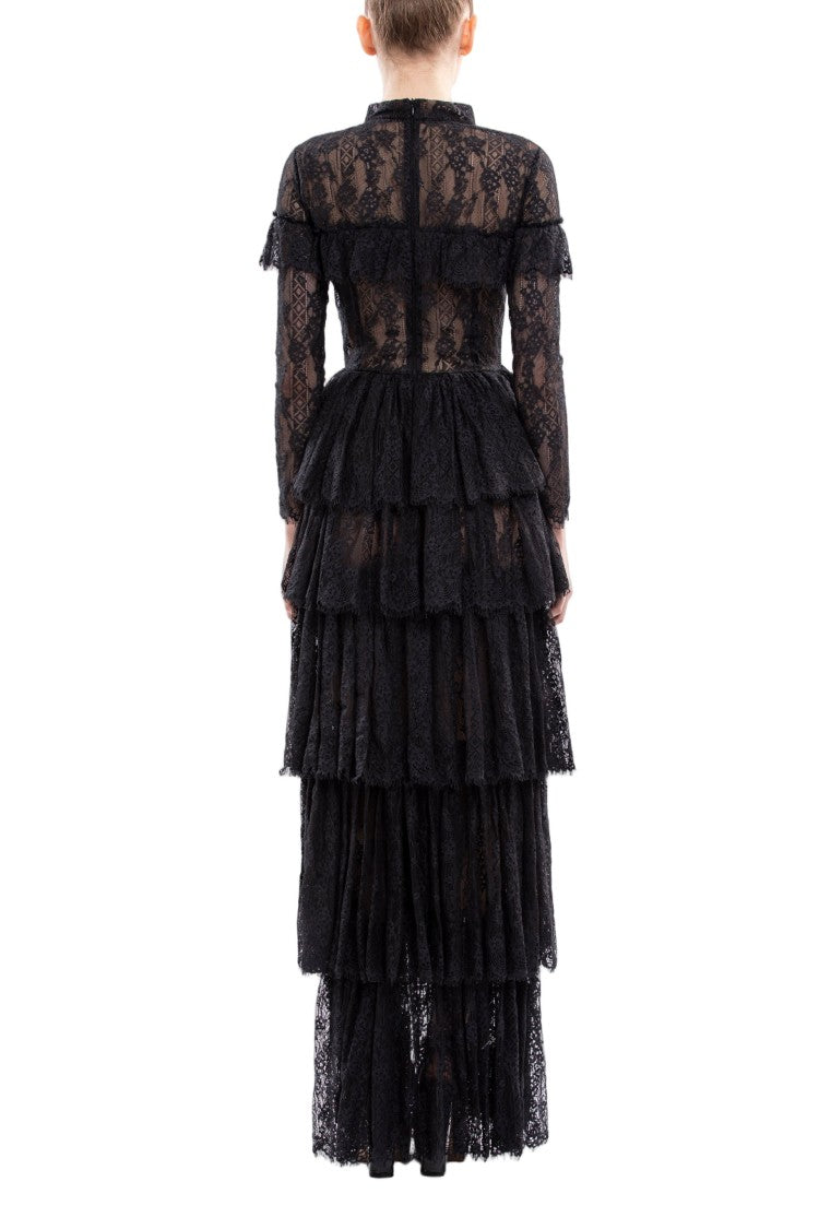 Saiid Kobeisy Intricate Black Lace Maxi Dress With Layered Skirt