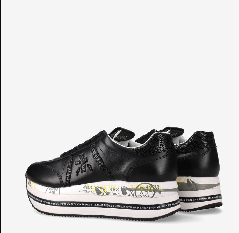 Premiata Black Leather Platform Sneakers With Textured Detailing