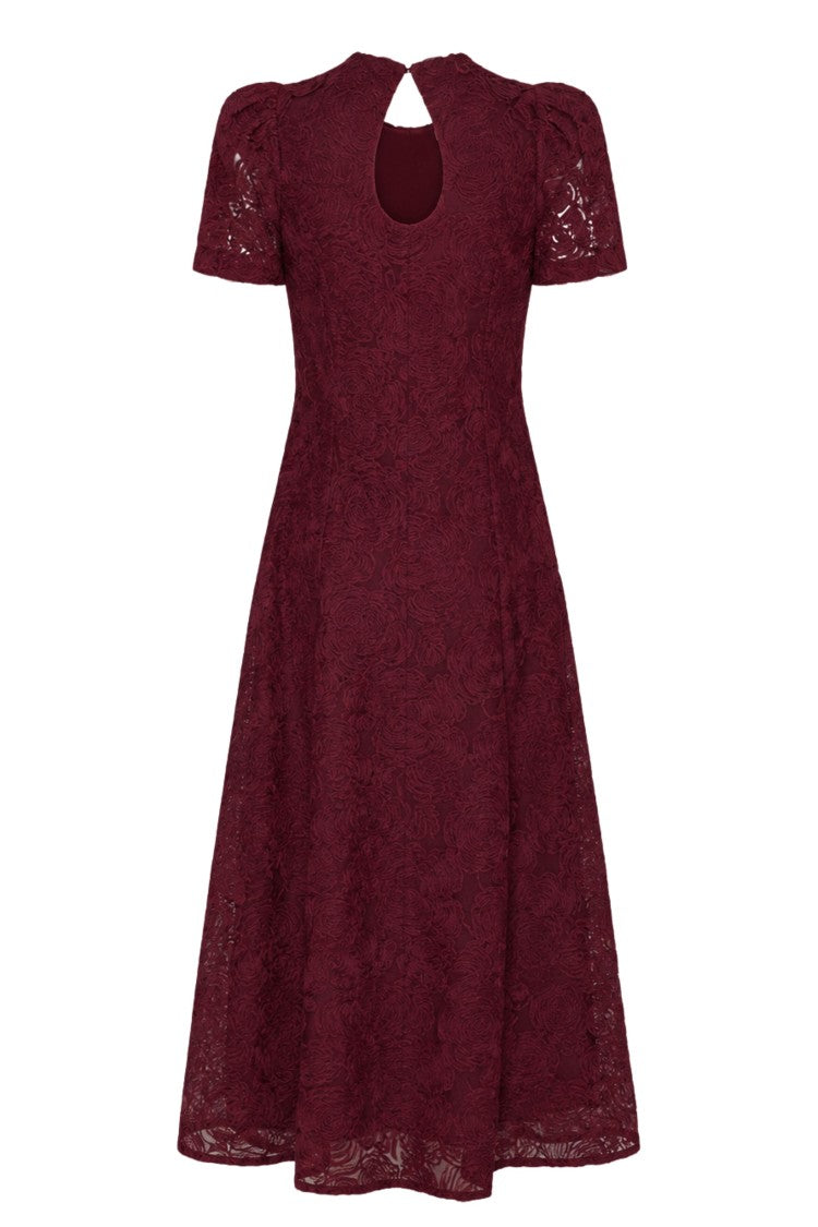 Rotate Burgundy Textured Floral Applique Mesh Flared Maxi Dress