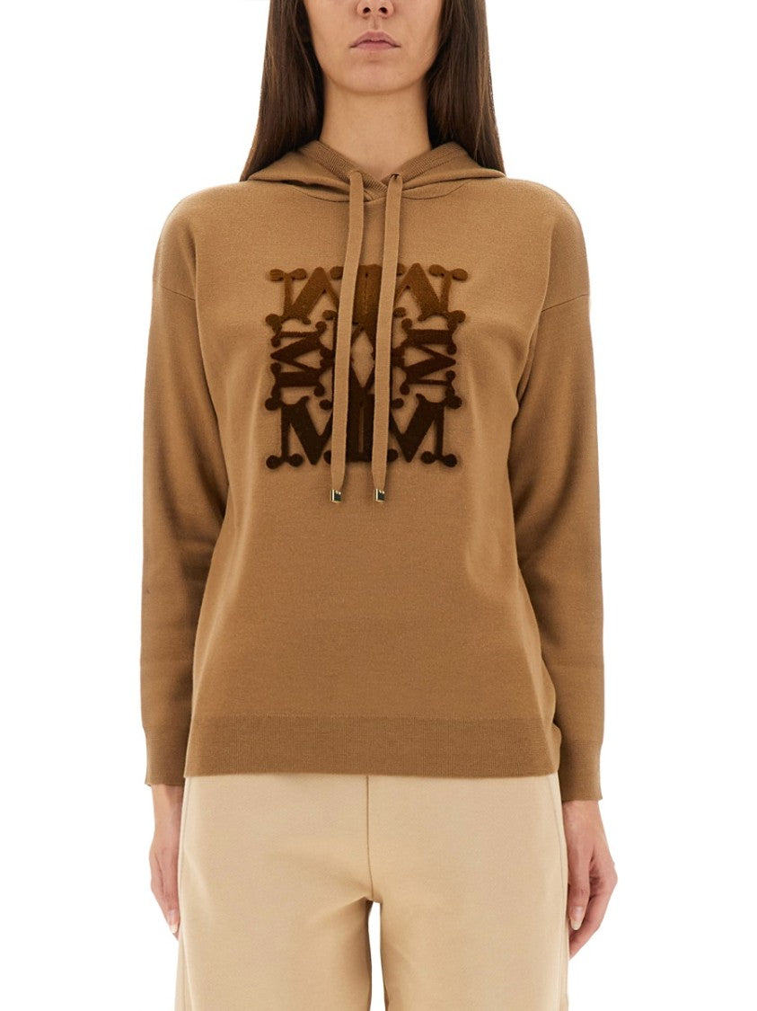 Max Mara Hooded Sweater In Camel Virgin Wool With Textured Logo
