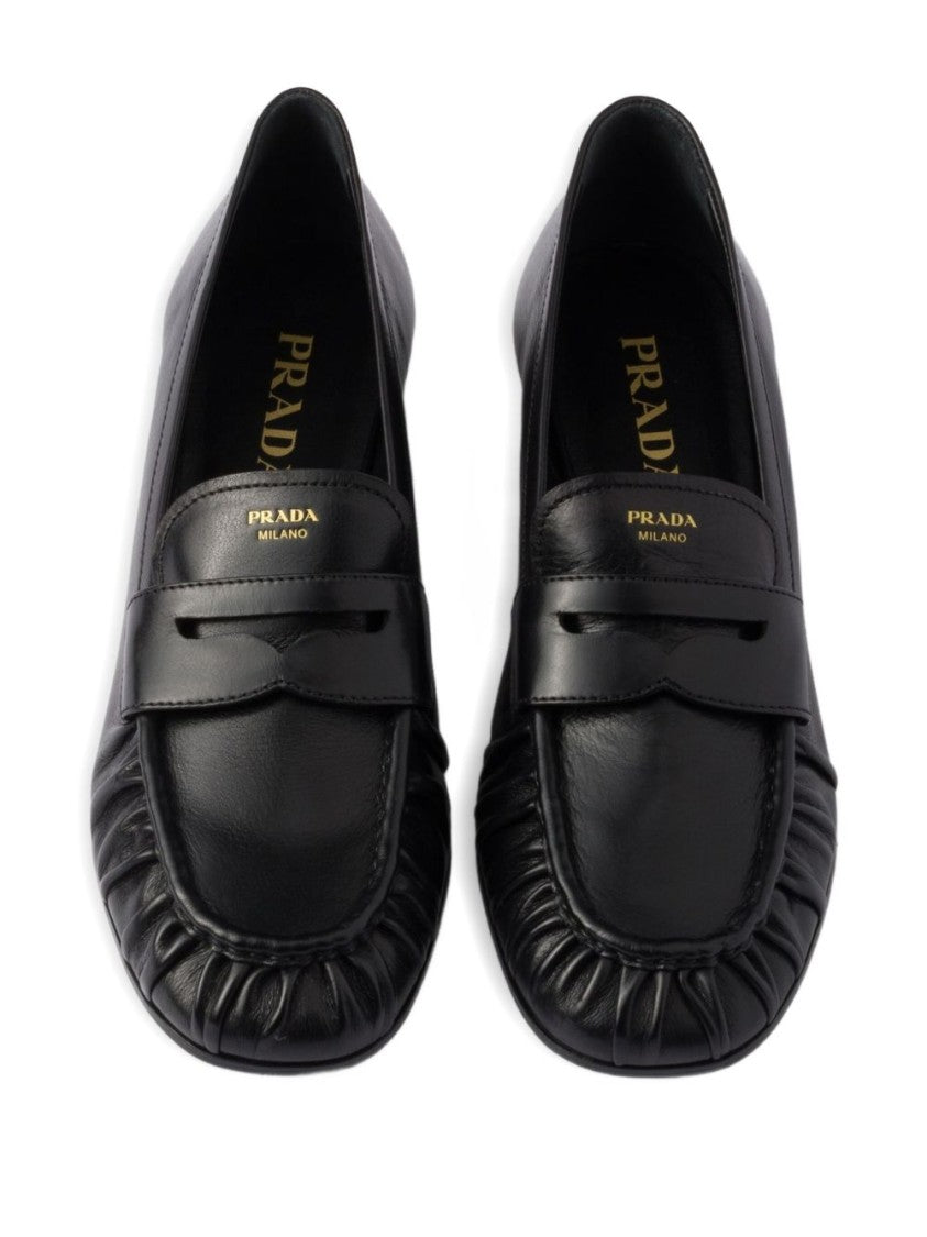 Prada Gathered Leather Loafers With Embossed Branding