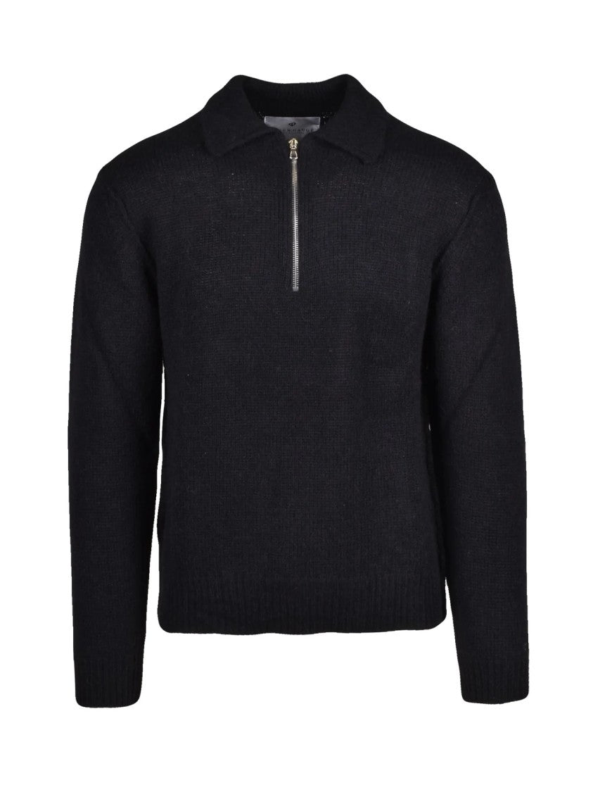 Seven Gauge Black Alpaca-Blend Half-Zip Knit Polo Shirt