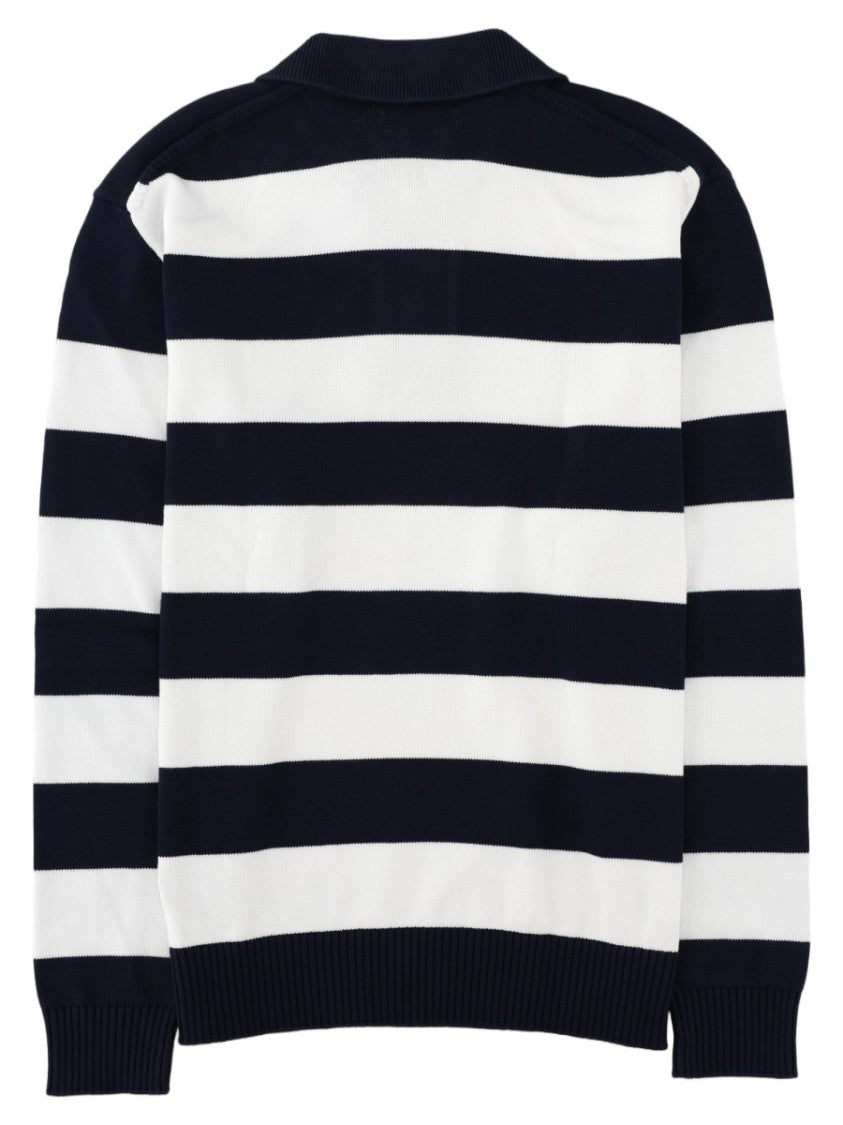 Lacoste Blue Horizontal Striped Polo Collar Cotton Sweater
