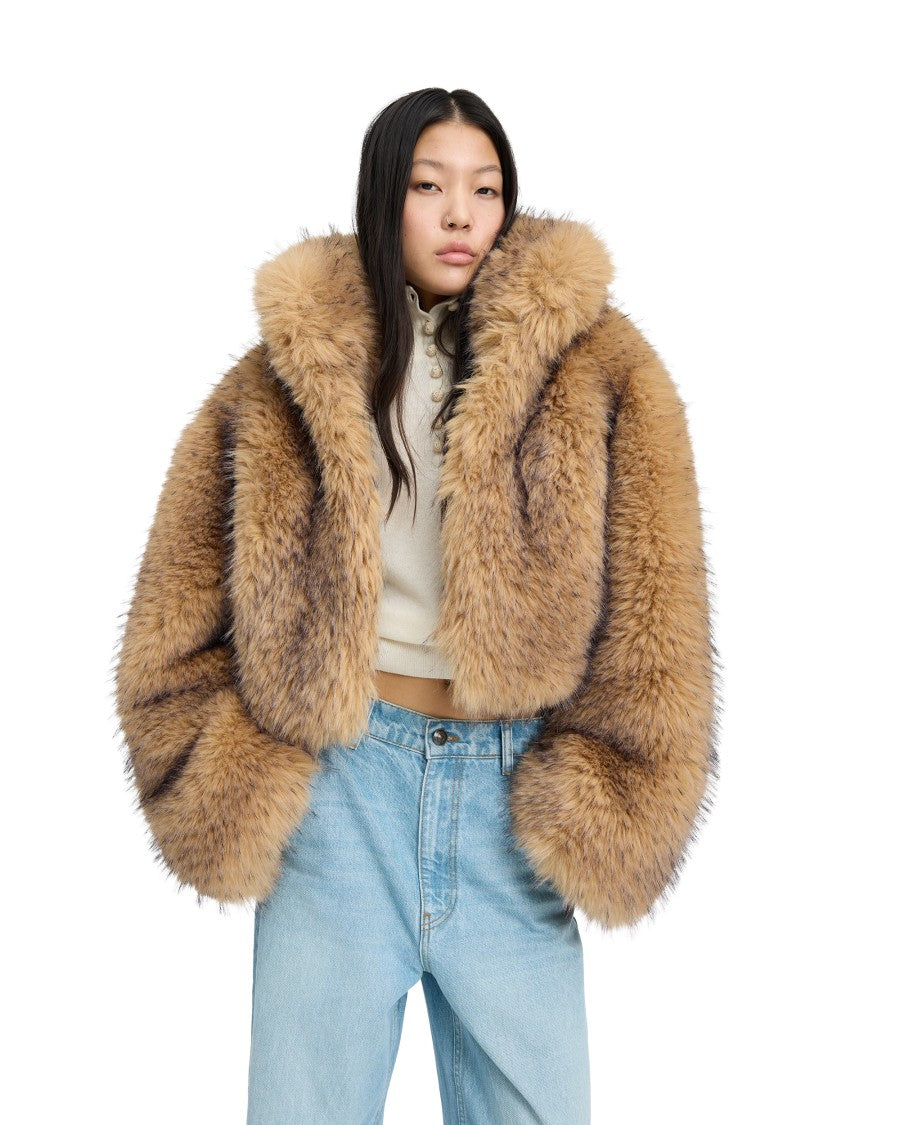 Rotate Textured Beige Cropped Jacket With High Collar