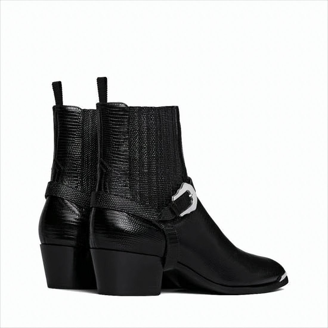Celine Pointed Toe Black Calf Leather Ankle Boots With Silver Accent