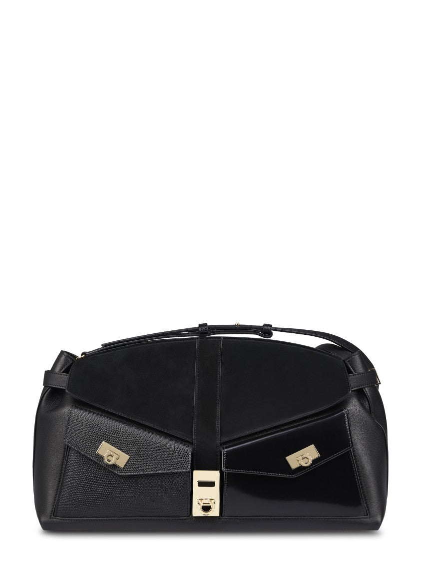 Ferragamo Structured Black Pouch With Textured Panels