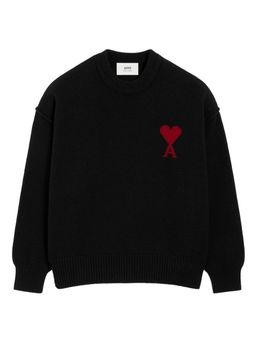 Ami Paris Wool Knit Sweater With Intarsia Heart Motif