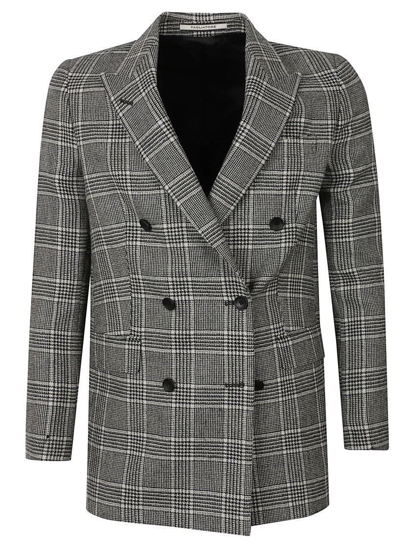 Tagliatore Short Double-Breasted Plaid Wool Coat With Notched Lapel