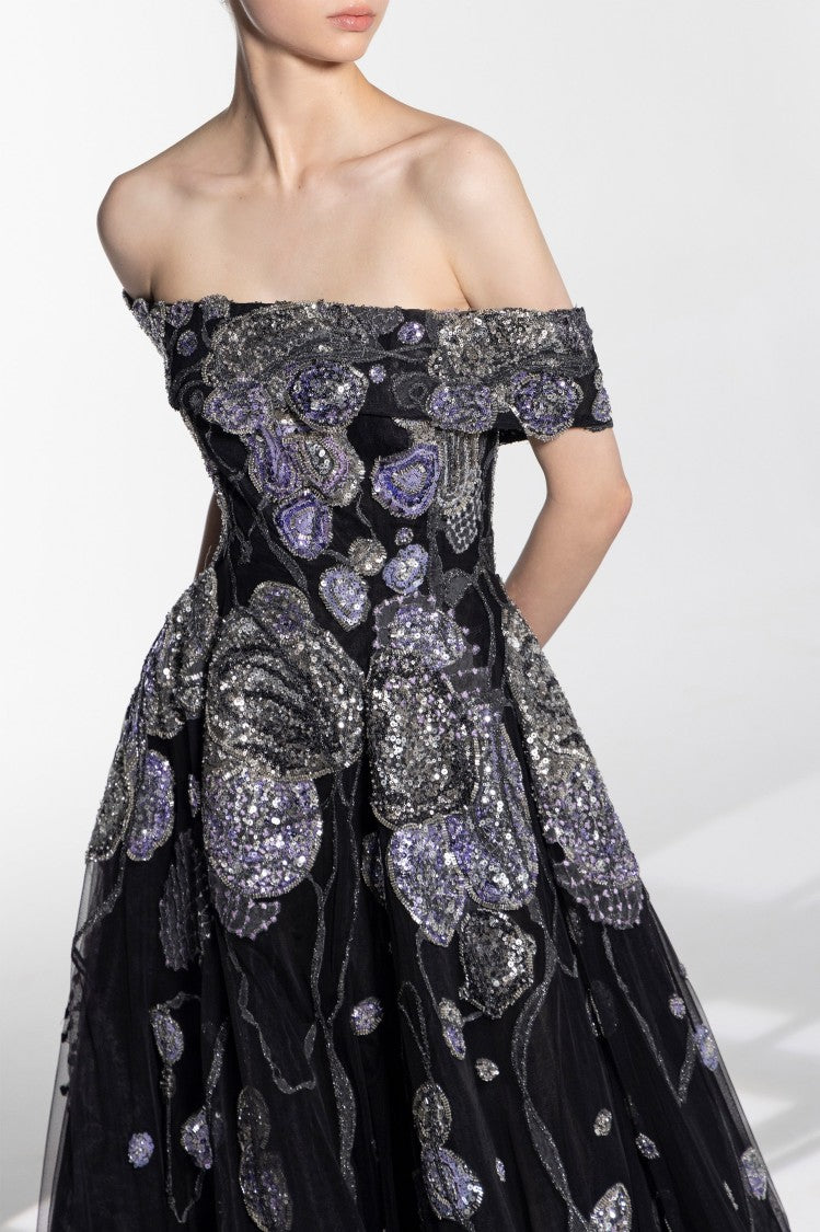 Saiid Kobeisy Off-Shoulder Beaded Tulle Dress