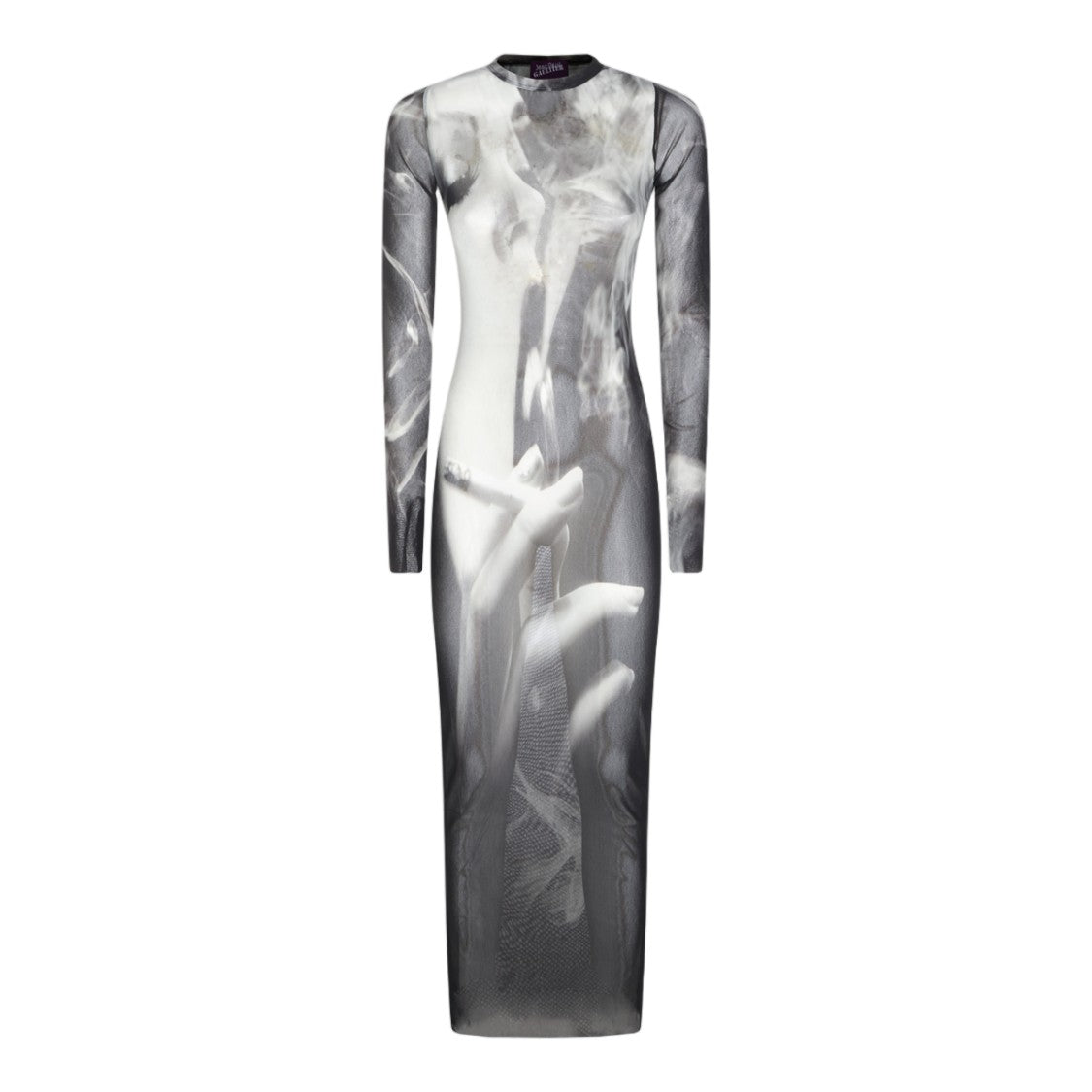 Jean Paul Gaultier Long Sleeve Sheer Maxi Dress With Artistic Smoky Print