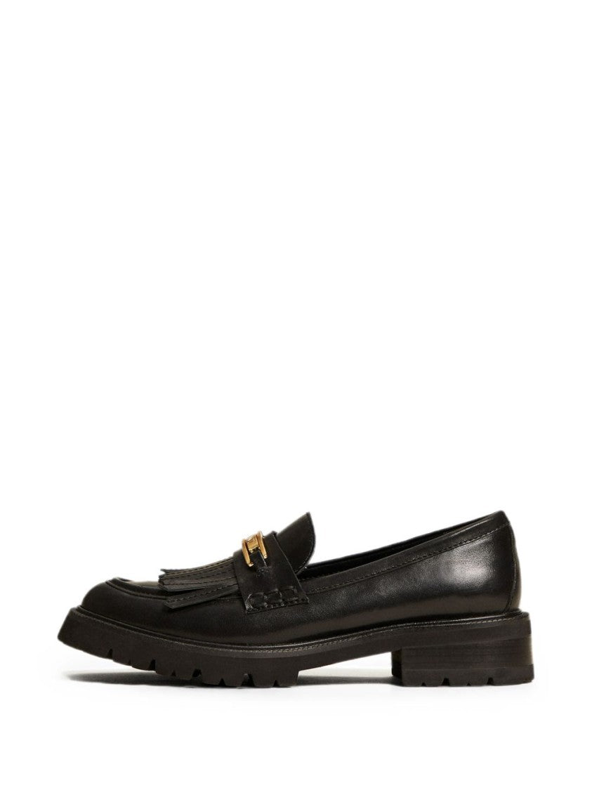 Twin-Set Fringed Black Leather Flats With Gold Accents