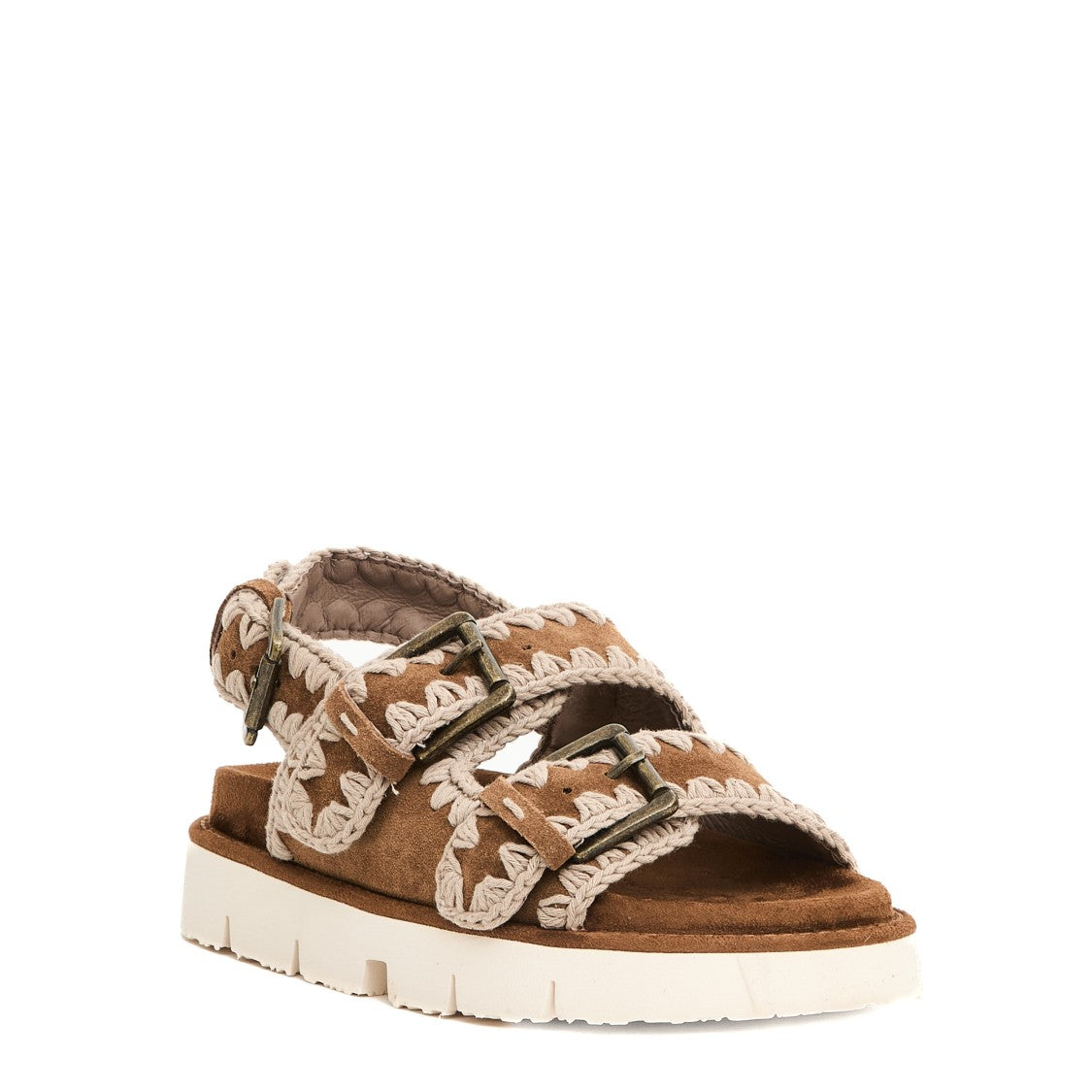 Mou Double Buckle Suede Sandals With Contrasting Stitching
