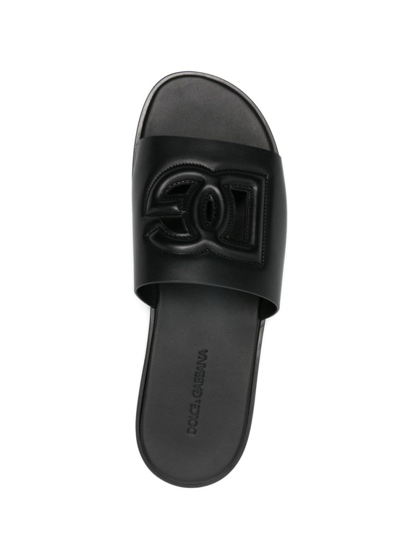 Dolce & Gabbana Black Calfskin Slide Embossed Branded Leather Slide