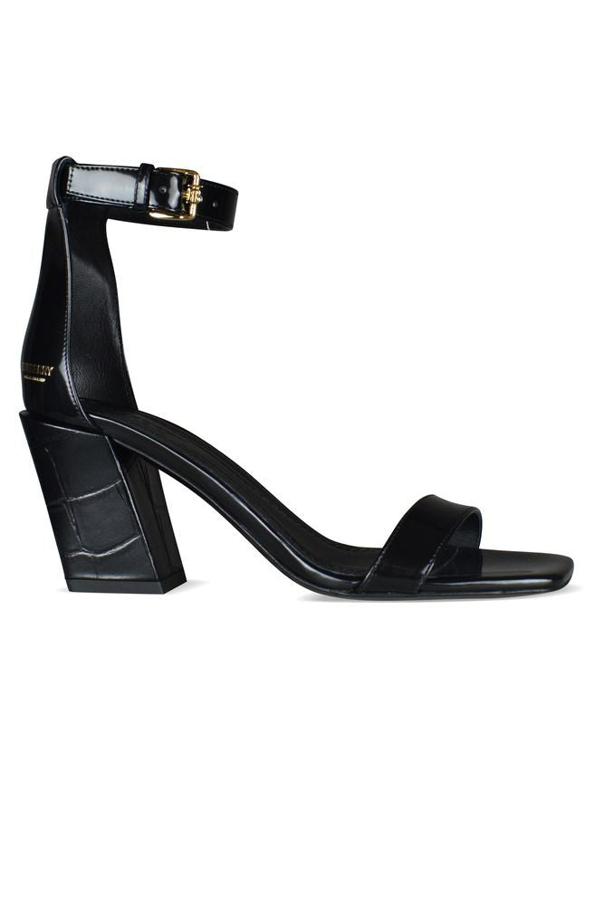 Burberry Black Leather Sandals With Crocodile-Patterned Block Heel