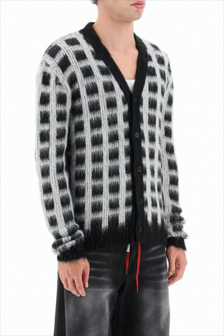 Marni Checkered Textured Cardigan With V-Neckline And Ribbed Accents
