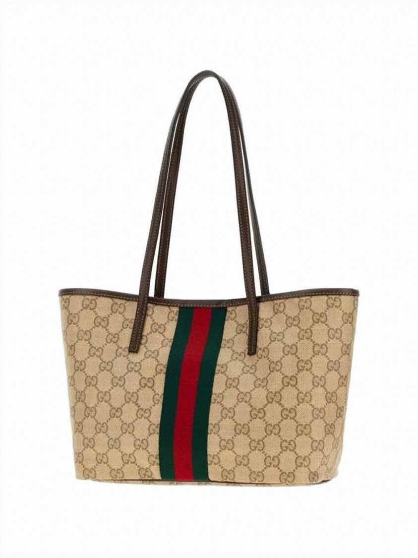 Gucci Canvas Tote Bag With Monogram Pattern And Distinctive Stripe