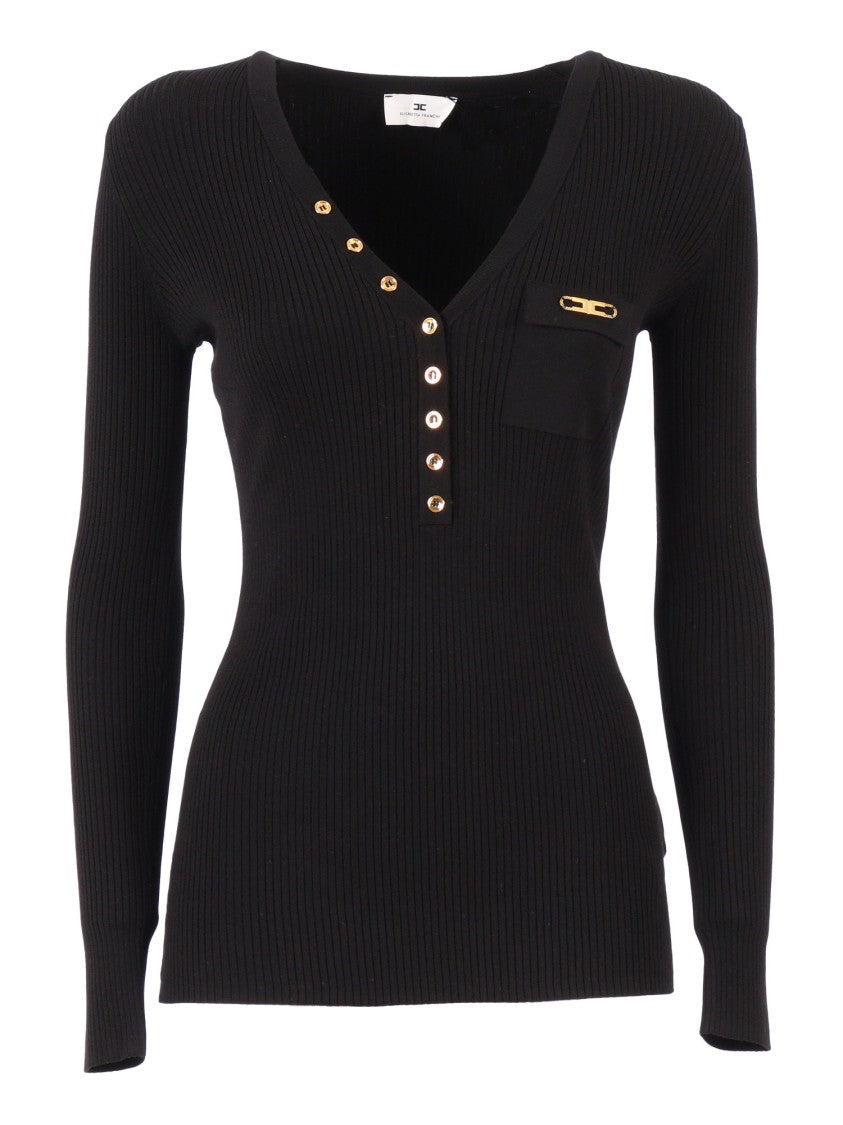 Elisabetta Franchi Fitted Ribbed Knit Top With Deep V-Neckline