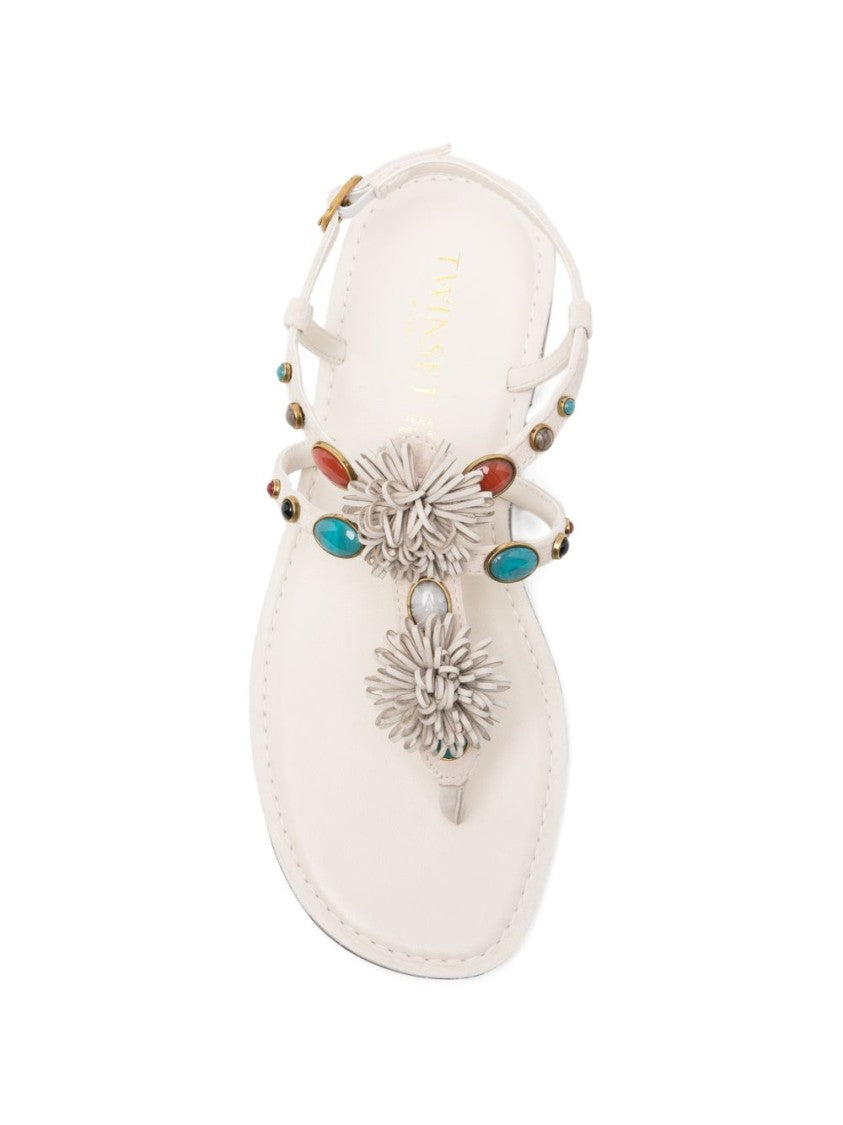 Twin-Set Beige Flower Detail T-Strap Sandals