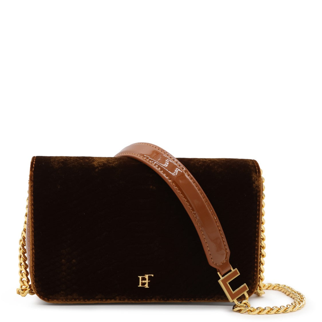 Elisabetta Franchi Structured Brown Velvet Gold Accent Shoulder Bag