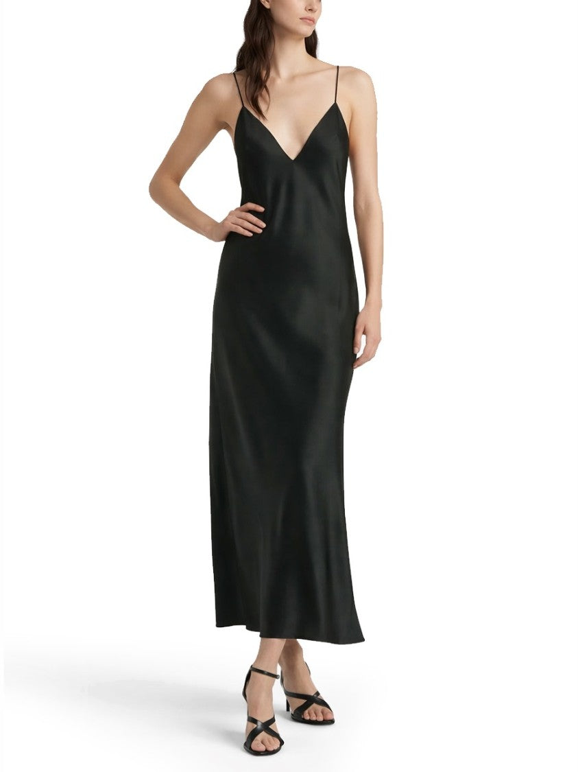 Khaite Flowing Black Midi Dress With Spaghetti Straps And V-Neckline