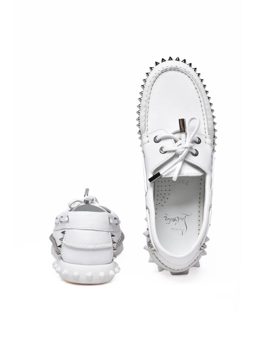 Christian Louboutin Gerockel White Studded Moccasin Leather Loafers