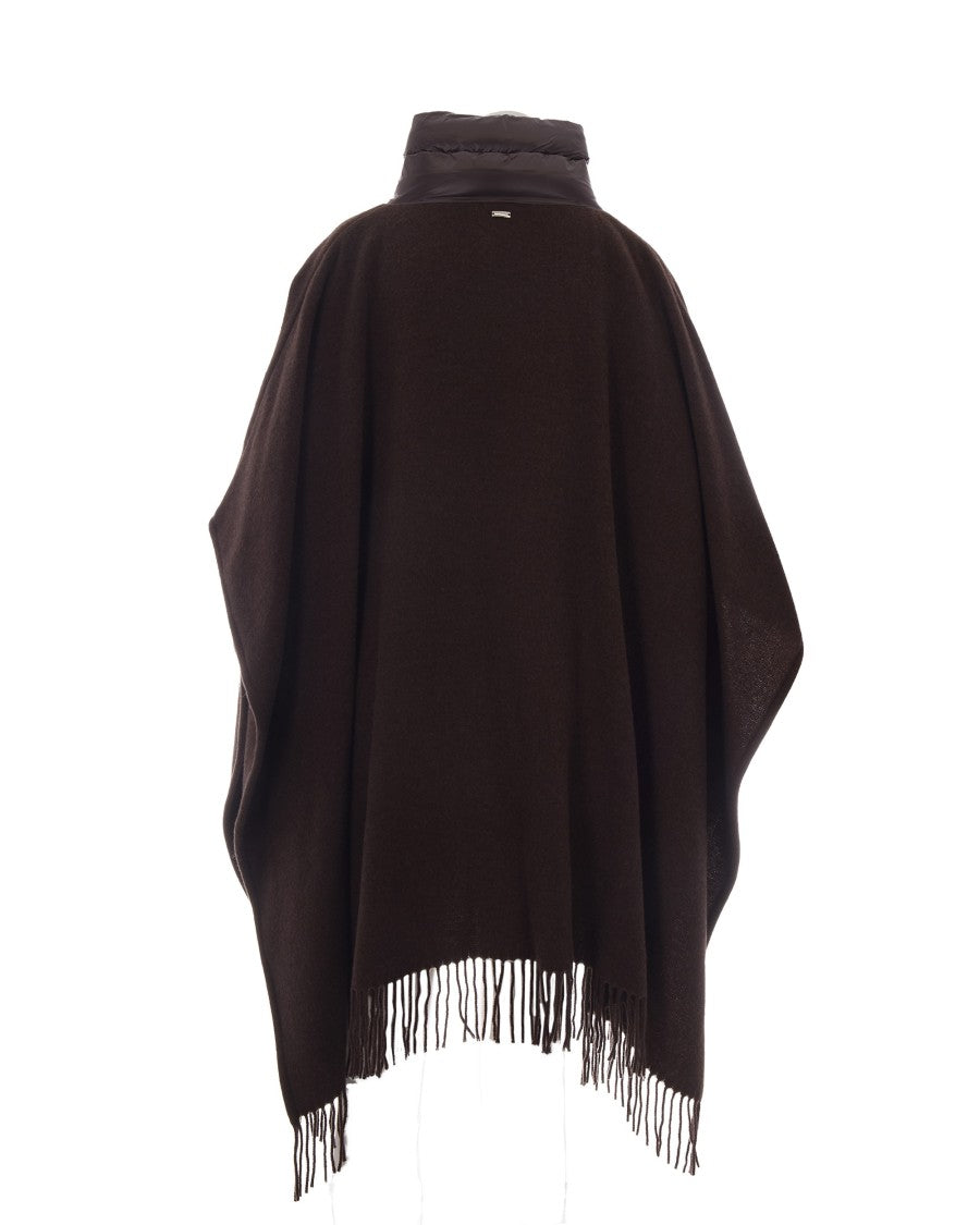 Herno Velvety Brown Cashmere And Wool Poncho With Quilted Detailing