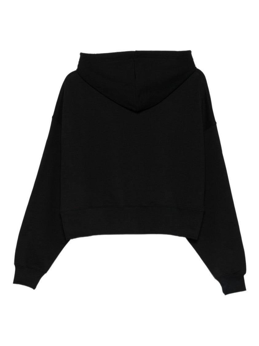 Msgm Cropped Black Sweatshirt With Drawstring Hood