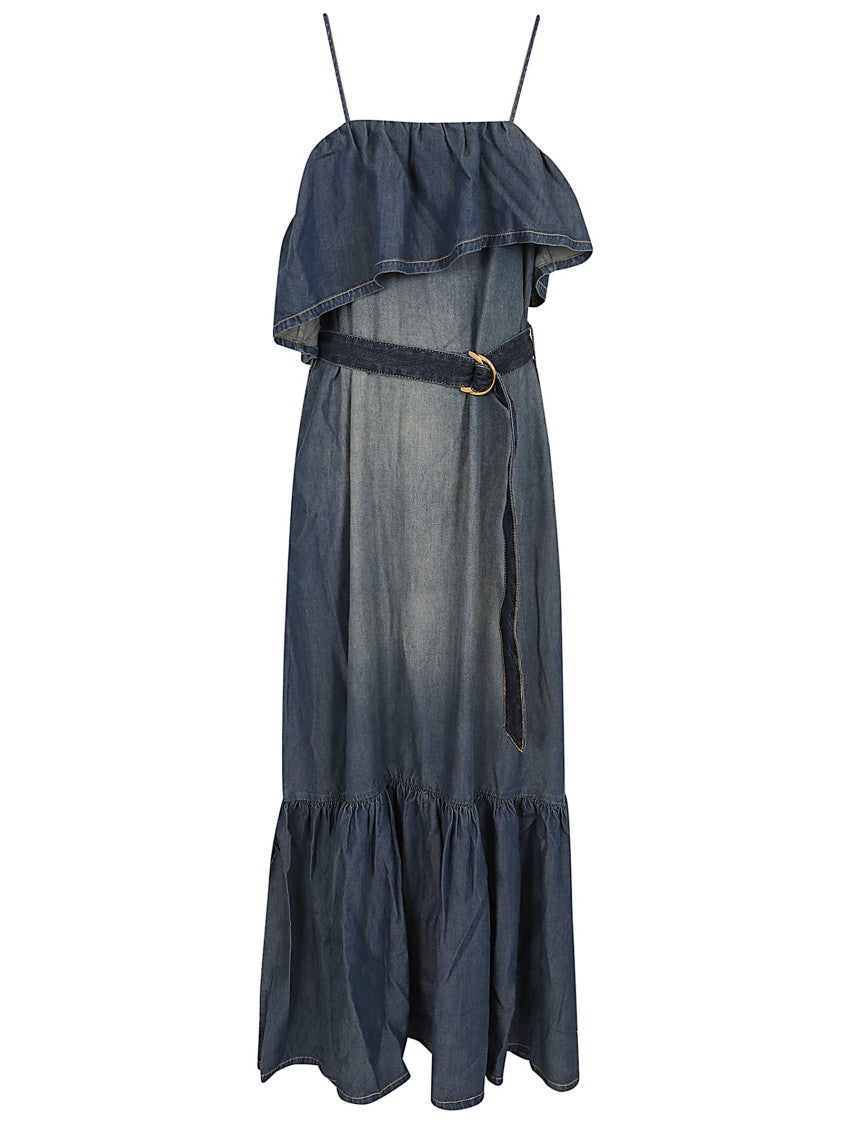 Pinko Maxi Dress With Ruffle Bodice And Adjustable Straps
