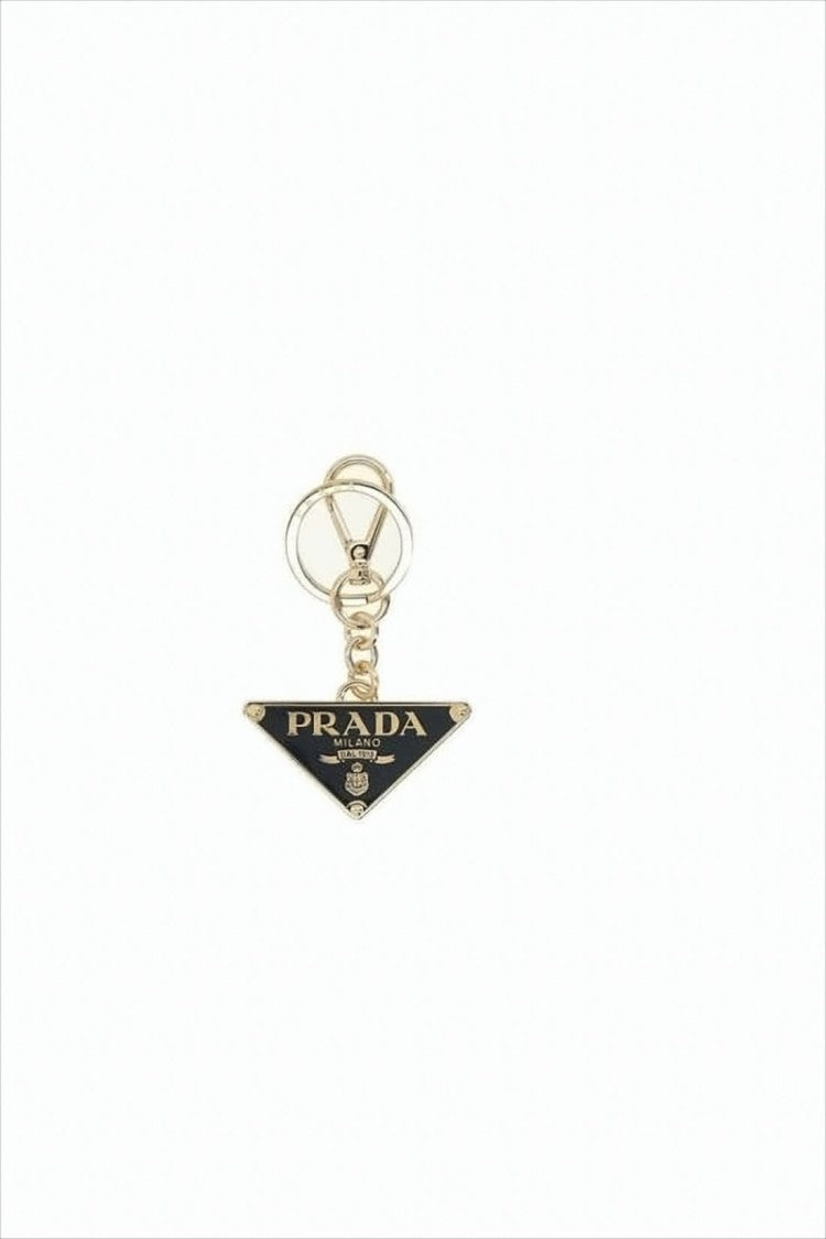 Prada Polished Brass Triangular Keyring With Enamel And Logo Details