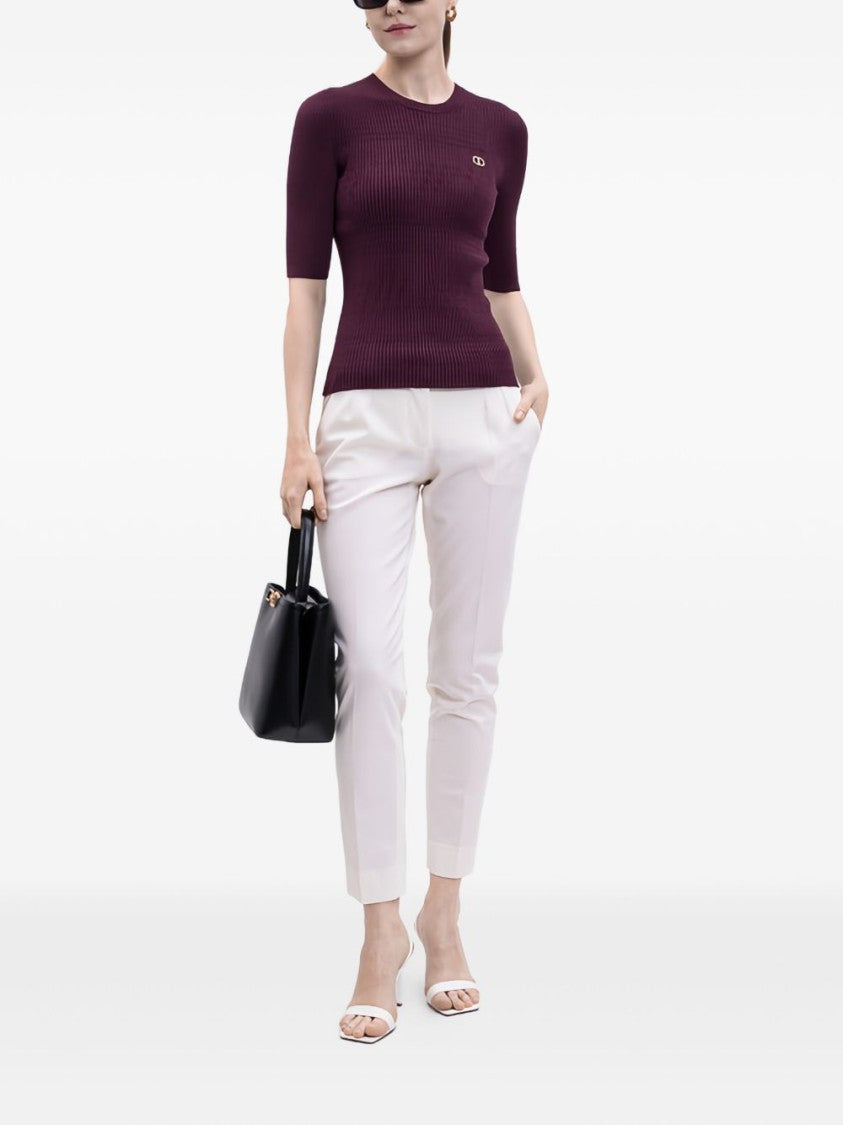 Twin-Set Ribbed Bordeaux Sweater With Elbow-Length Sleeves