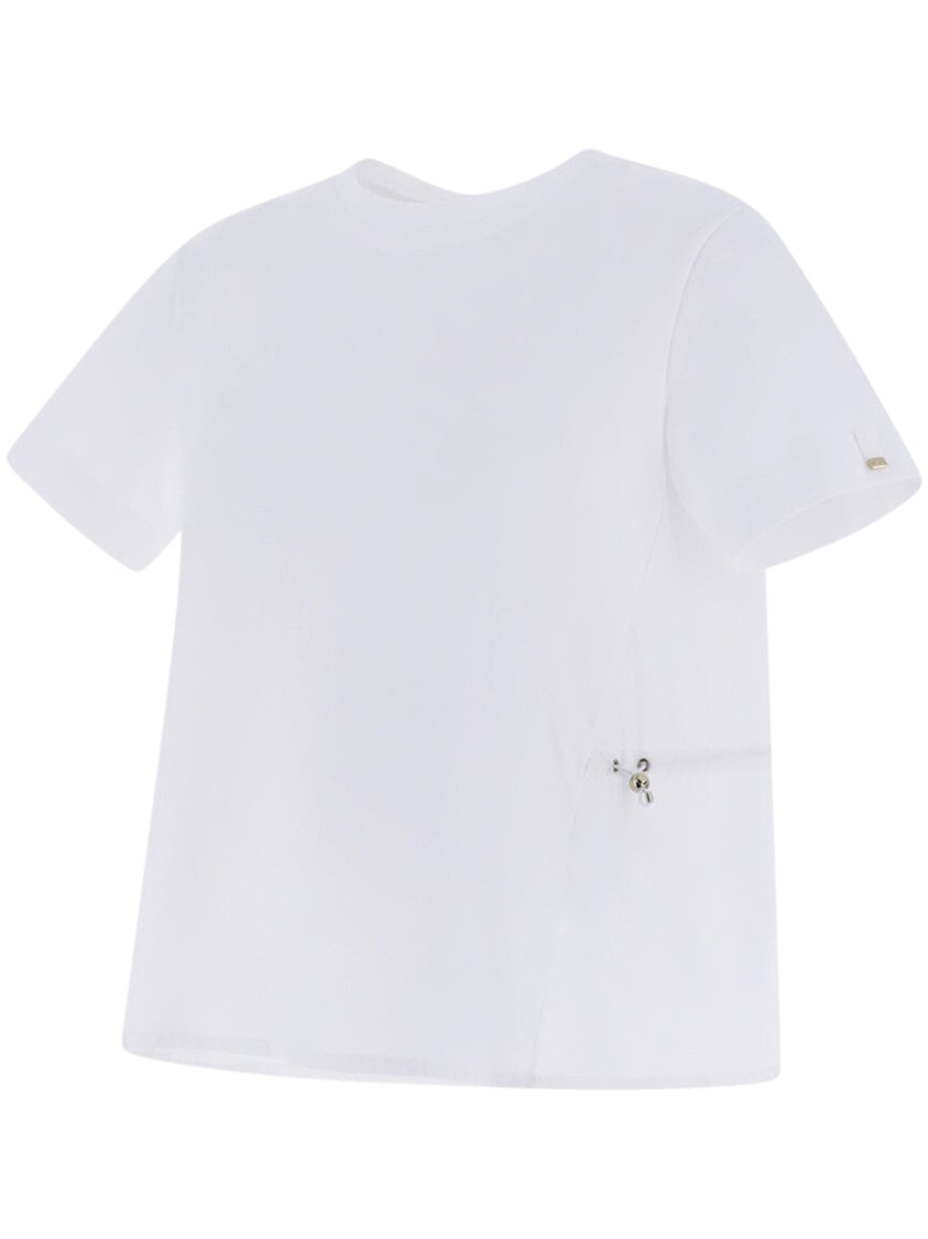 Herno Boxy White Short-Sleeved Blouse With Adjustable Drawstring Accents