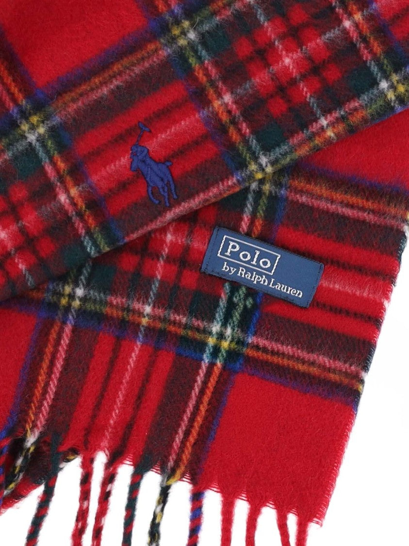 Polo Ralph Lauren Rectangular Red Tartan Wool Scarf With Fringed Edges