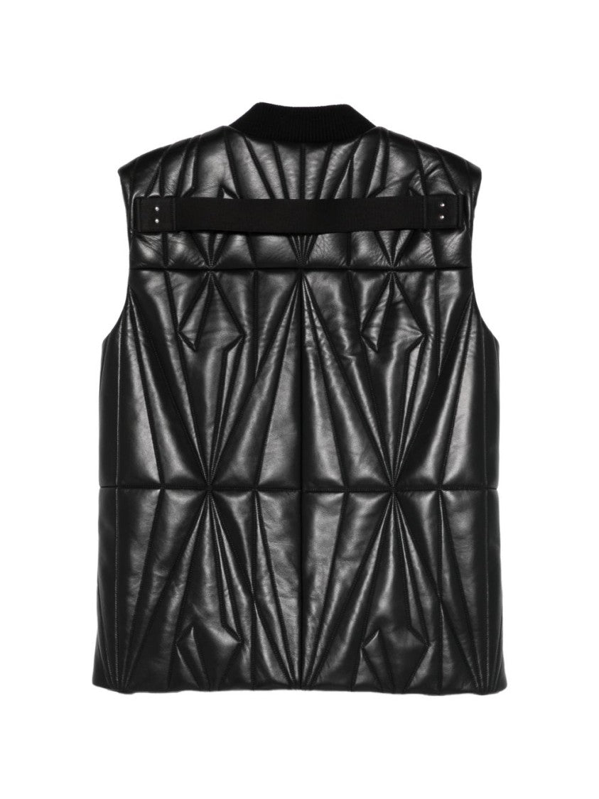 Rick Owens X Moncler Quilted Black Leather Vest With Ribbed Collar And Logo Detail