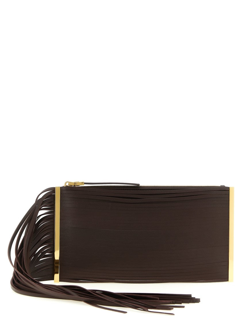 Elisabetta Franchi Fringed Leather Clutch With Chain Strap And Gold Accents