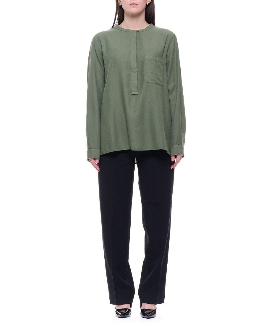 Pomandère Ivory Mandarin Collar Silk-Cotton Poplin Shirt