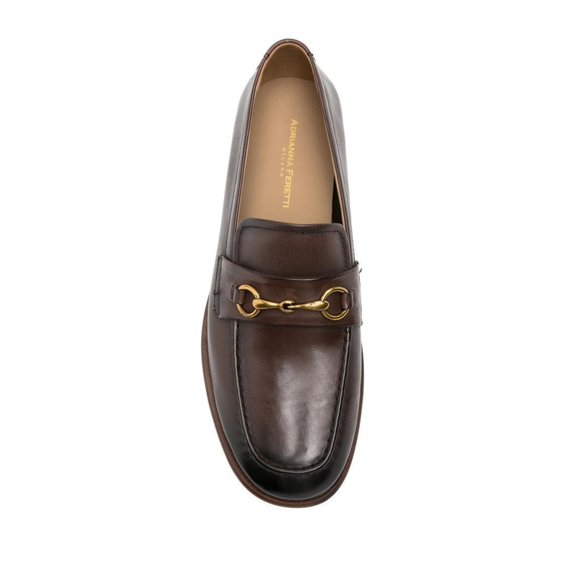 Adrianna Feretti Brown Polished Moc Toe Gold Accents Leather Loafers