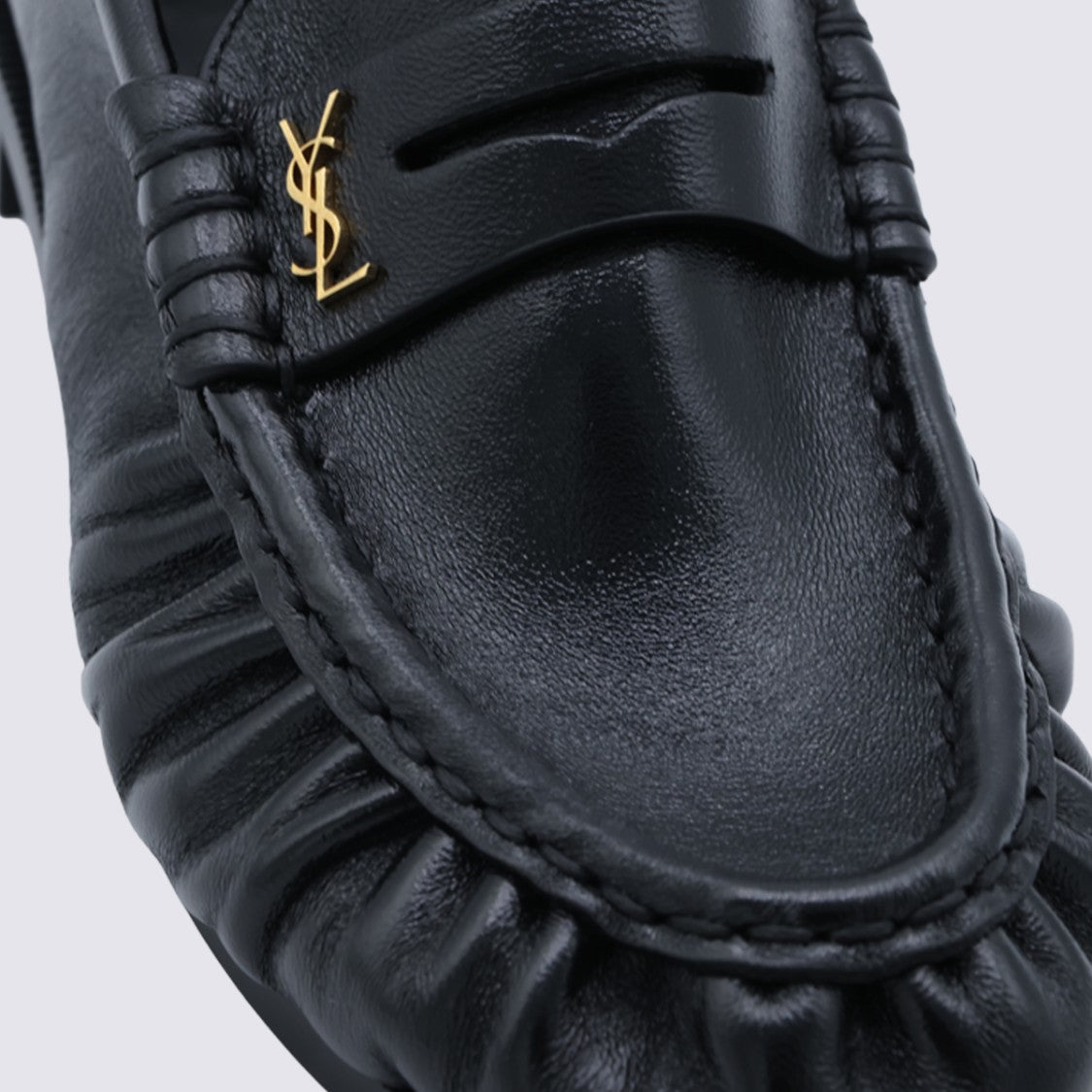 Saint Laurent Gathered Black Leather Flats With Gold-Tone Logo Detail