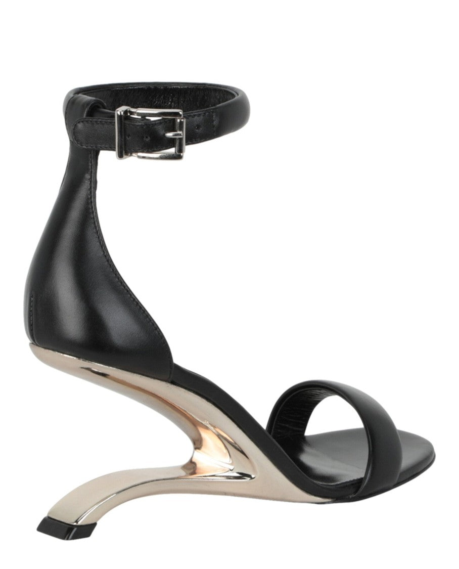 Alexander Mcqueen Curved Heel Black Calfskin Sandals With Ankle Strap