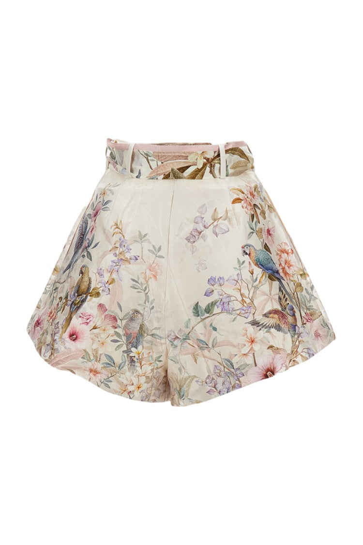 Zimmermann Floral Print Silk-Cotton Blend Tuck Shorts With Removable Scarf Belt