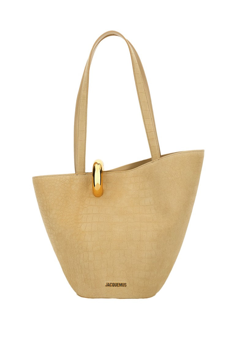 Jacquemus Asymmetric Beige Cocco Print Bucket Bag With Gold-Tone Hardware