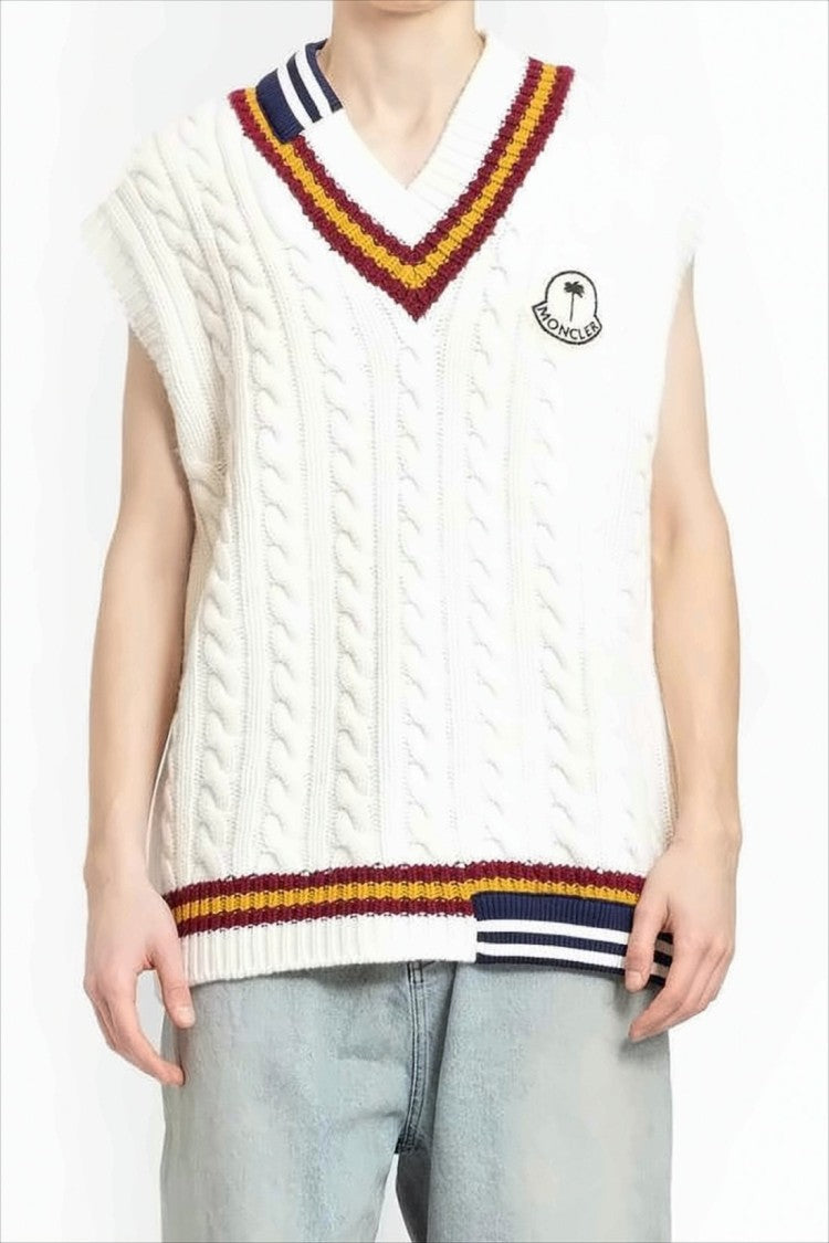 Moncler Cable Knit Vest With Striped V-Neckline
