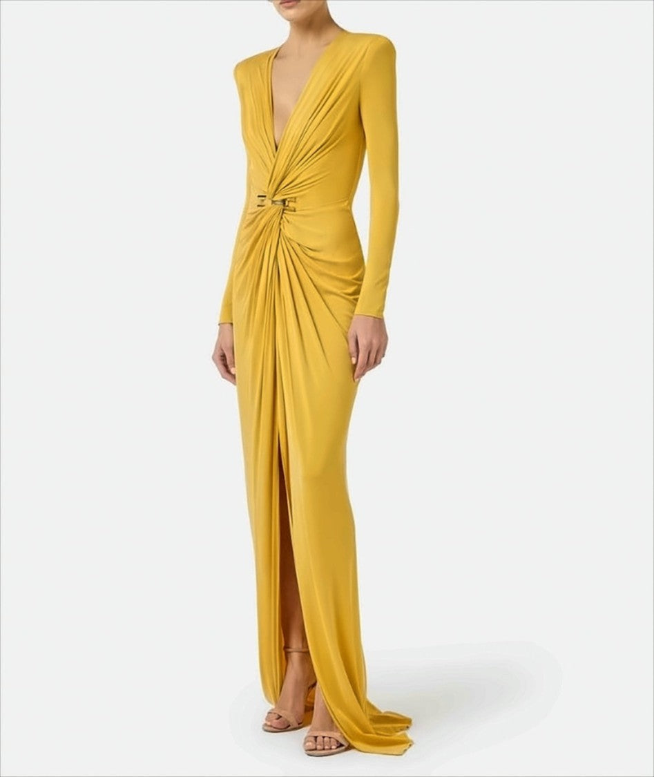 Elisabetta Franchi Red Carpet Dress In Cupro Jersey With Jewel Logo