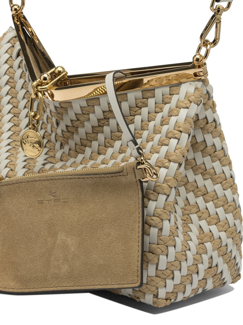 Etro Compact Structured Shoulder Bag With Woven Raffia