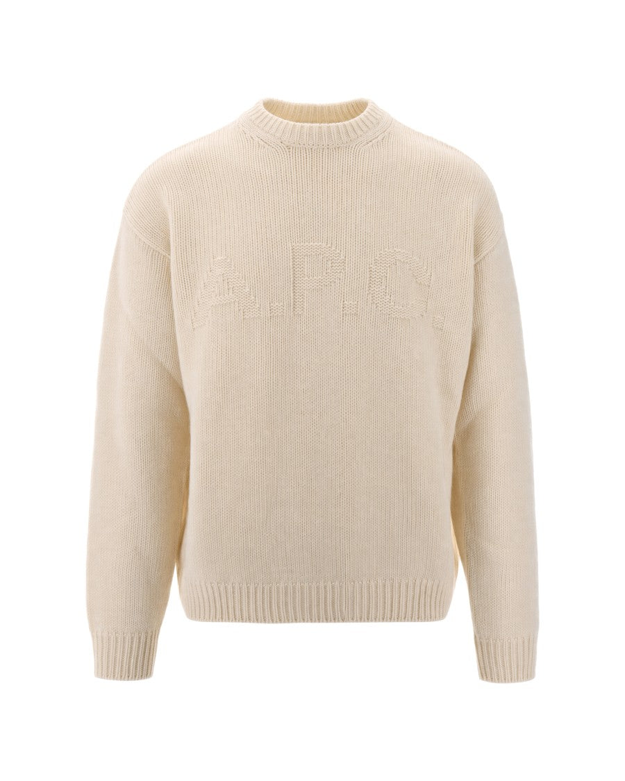 A.P.C. Cream Ribbed Knit Jacquard Logo Recycled Wool Sweater
